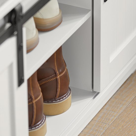 SoBuy Opbergbank met gestoffeerd kussen Lage kast Entree Schoenenkast Comfortabele bank met 2 schuifdeuren 114x40x53 cm, FSR86-W