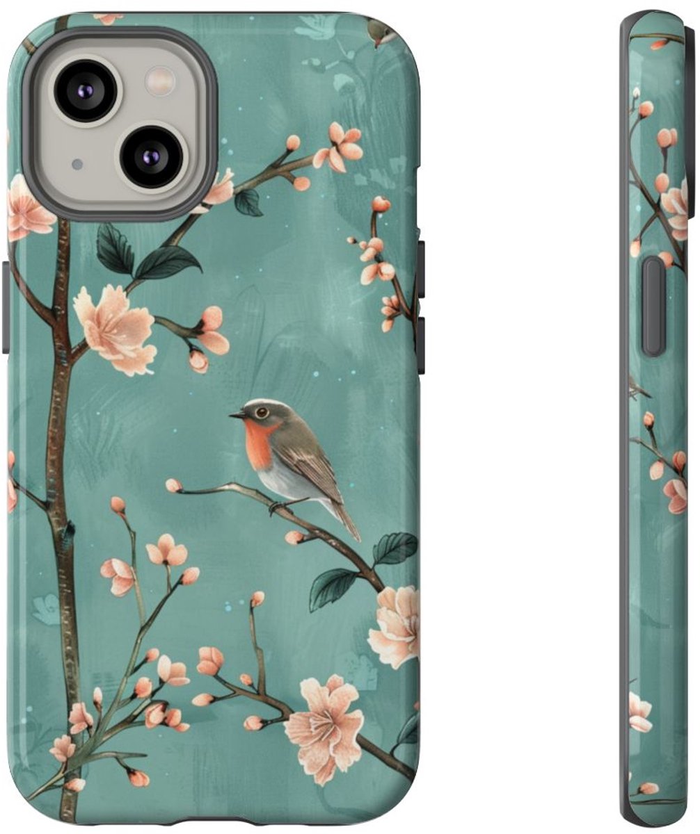 Perzikbloesem en Roodborstjes Patroon – Telefoonhoesje Geschikt voor iPhone 14