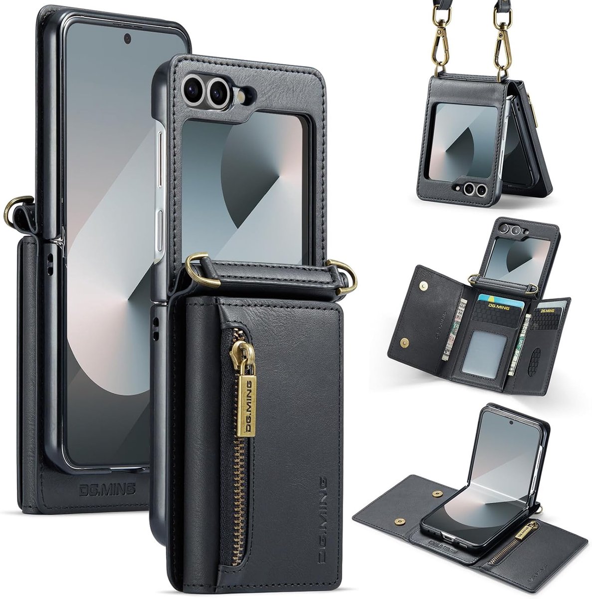 Zandarix Geschikt voor Samsung Galaxy Z Flip 7 - Mat lederen hoesje met ritssluiting - Schouderriem - Back Cover Hoesje - Zwart