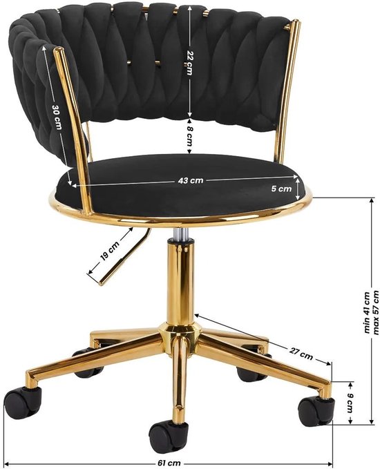 Draaistoel LUX zwart fluweel - salonstoel - decor - visagie stoel - kapper stoel - fluweel - gouden stoel - bureaustoel