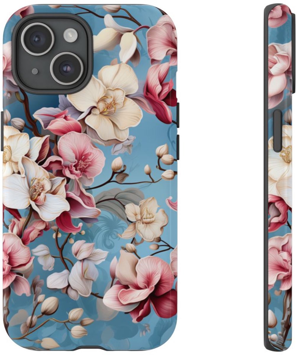 Orchideeën Bloemenpatroon op Blauwe Achtergrond – Telefoonhoesje Geschikt voor iPhone 15