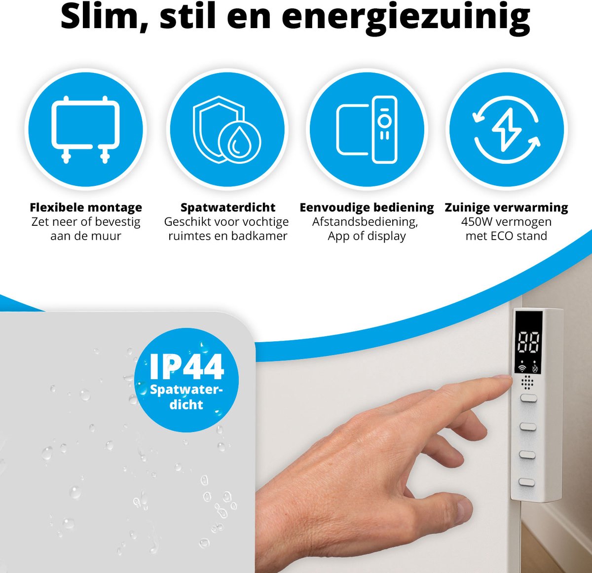 FlinQ Slimme Infrarood Verwarming - Elektrische Verwarmingspaneel - Moderne Kachel - Geschikt voor Badkamer - Staand & Verplaatsbaar - Met Thermostaat - Wit Paneel - 450 W – foto 6