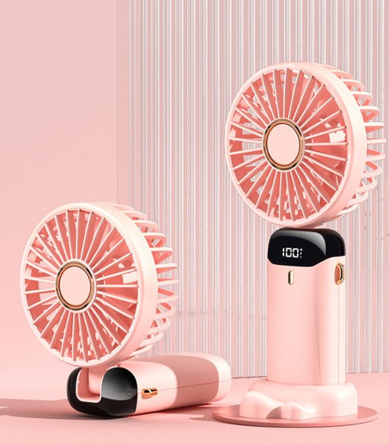 Mini ventilator draagbaar roze, handventilator met 5 snelheden, USB-C opladen, LCD scherm, vouwbaar, compact