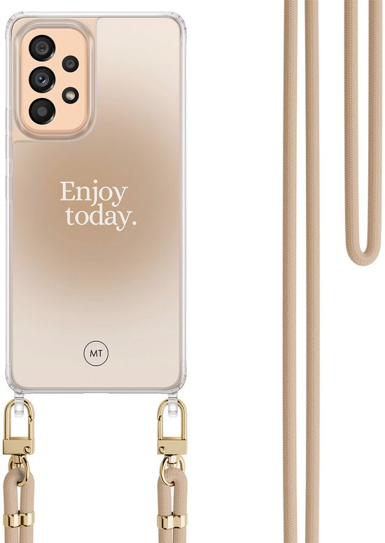 Coque de téléphone transparente avec cordon beige et le texte "Enjoy today."