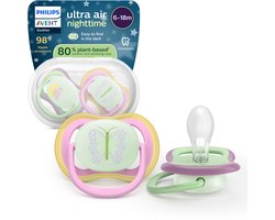 Philips Avent Ultra Air Night – Glow-in-the-dark fopspeen –(6-18 mnd) Extra luchtopeningen – 2 stuks - SCF376/29