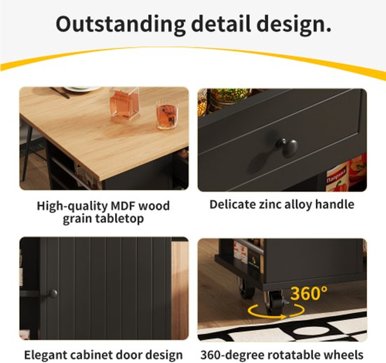 Keukeneiland op wielen - 140 x 45 x 94 cm - met uitschuifbaar werkblad 2 deuren 3 laden - Metaal MDF - zwart