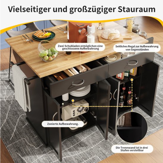 Keukeneiland met drop-blad, opbergwagen met 3 niveaus, uittrekbare kastorganizer, intern opbergrek, rolwagen op wielen met handdoekhouder en 2 laden voor eetkamer (wit naturel2