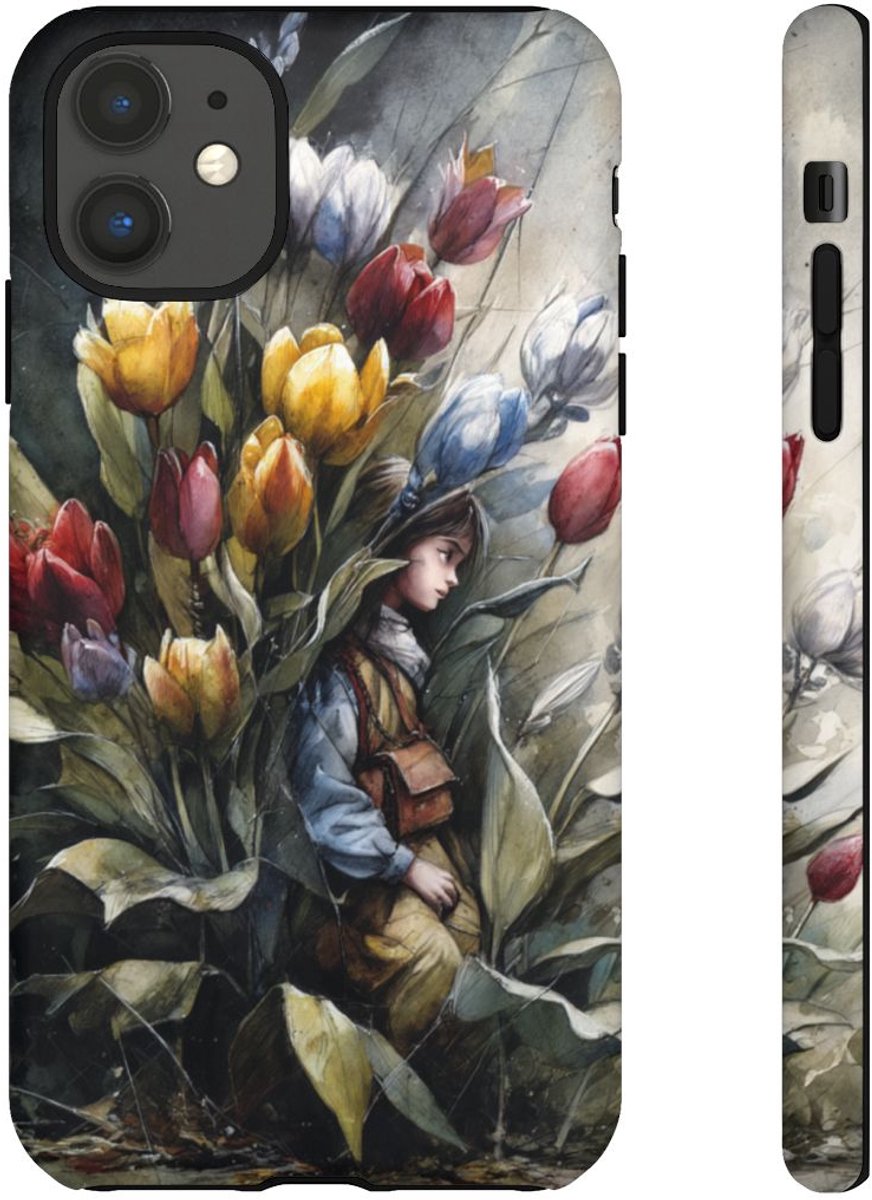 Meisje Tussen Kleurrijke Tulpen – Telefoonhoesje Geschikt voor iPhone 11