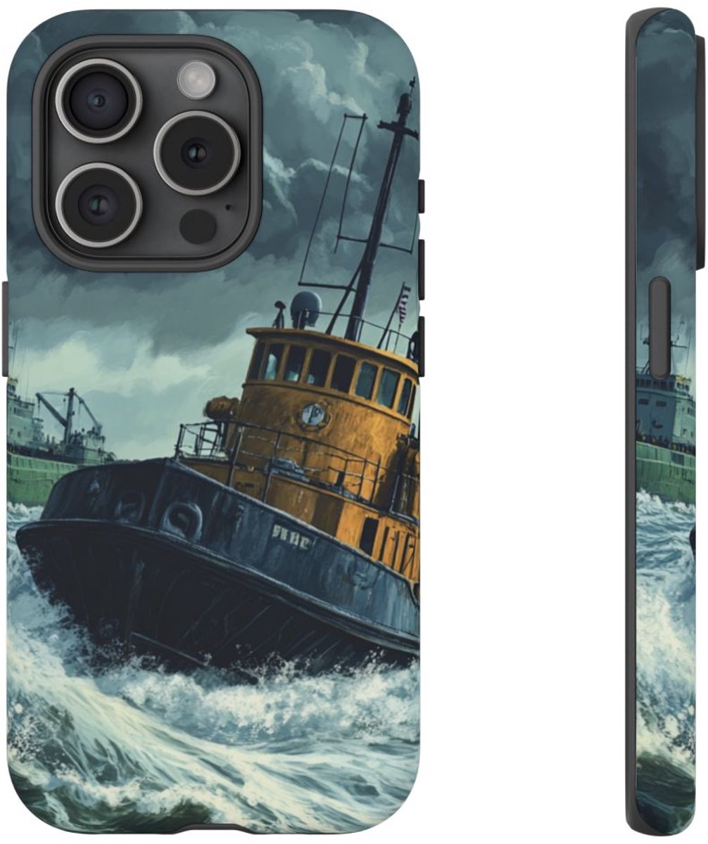 Sleepboot Sleept Vrachtschip op Woeste Zee – Telefoonhoesje Geschikt voor iPhone 15 Pro
