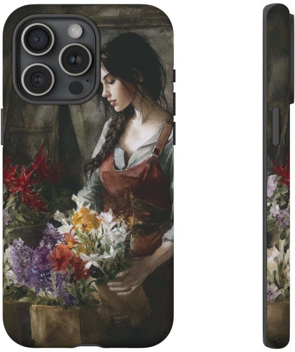 Vrouw Schikt Bloemen in Rustieke Sfeer – Telefoonhoesje Geschikt voor iPhone 15 Pro Max