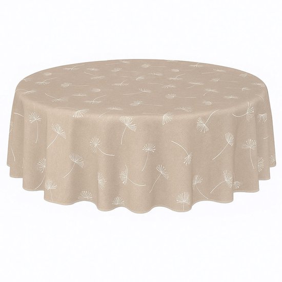 Rond tafelzeil beige met witte paardenbloemenprint.