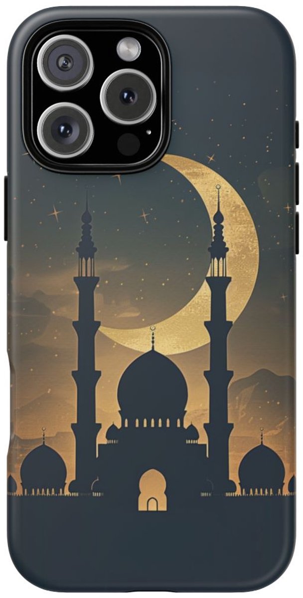 Sikkelmaan en Moskee Silhouet – Telefoonhoesje Geschikt voor iPhone 16 Pro Max