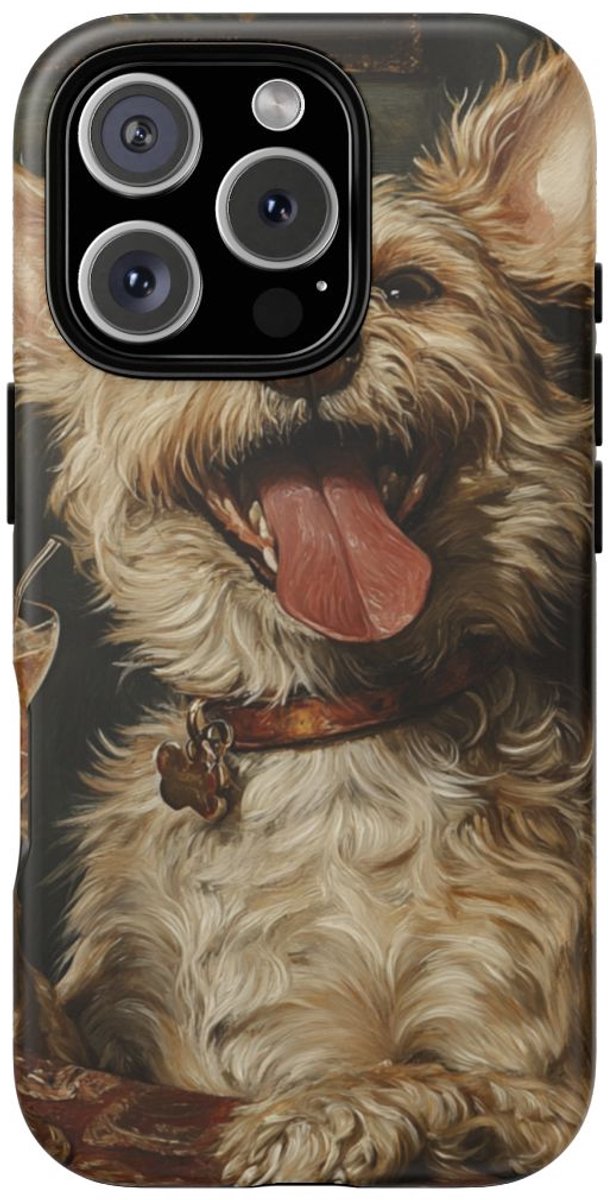 Vrolijke Terrier met Cocktail – Telefoonhoesje Geschikt voor iPhone 16 Pro