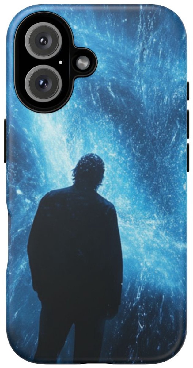 Silhouet met Blauwe Lichtflits – Telefoonhoesje Geschikt voor iPhone 16