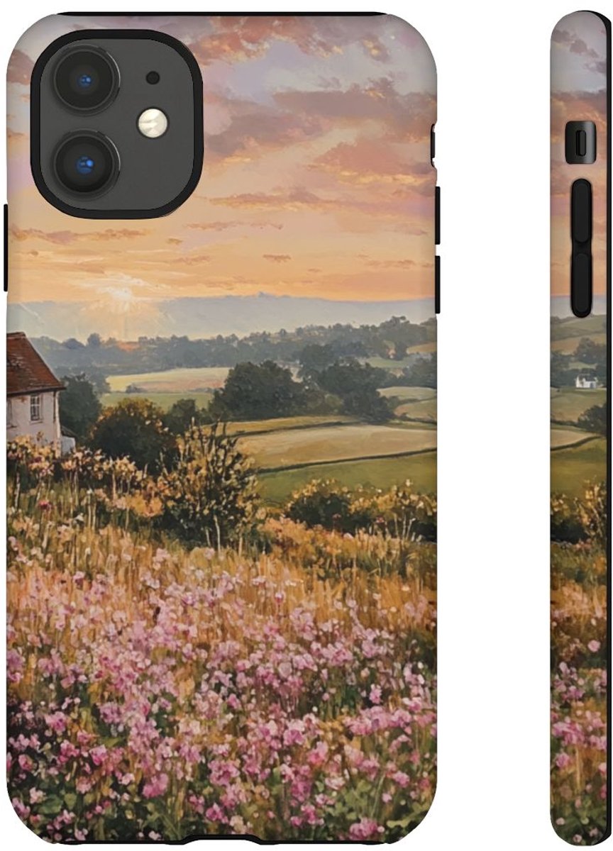 Landelijk Ochtendlandschap met Witte Cottage – Telefoonhoesje Geschikt voor iPhone 11