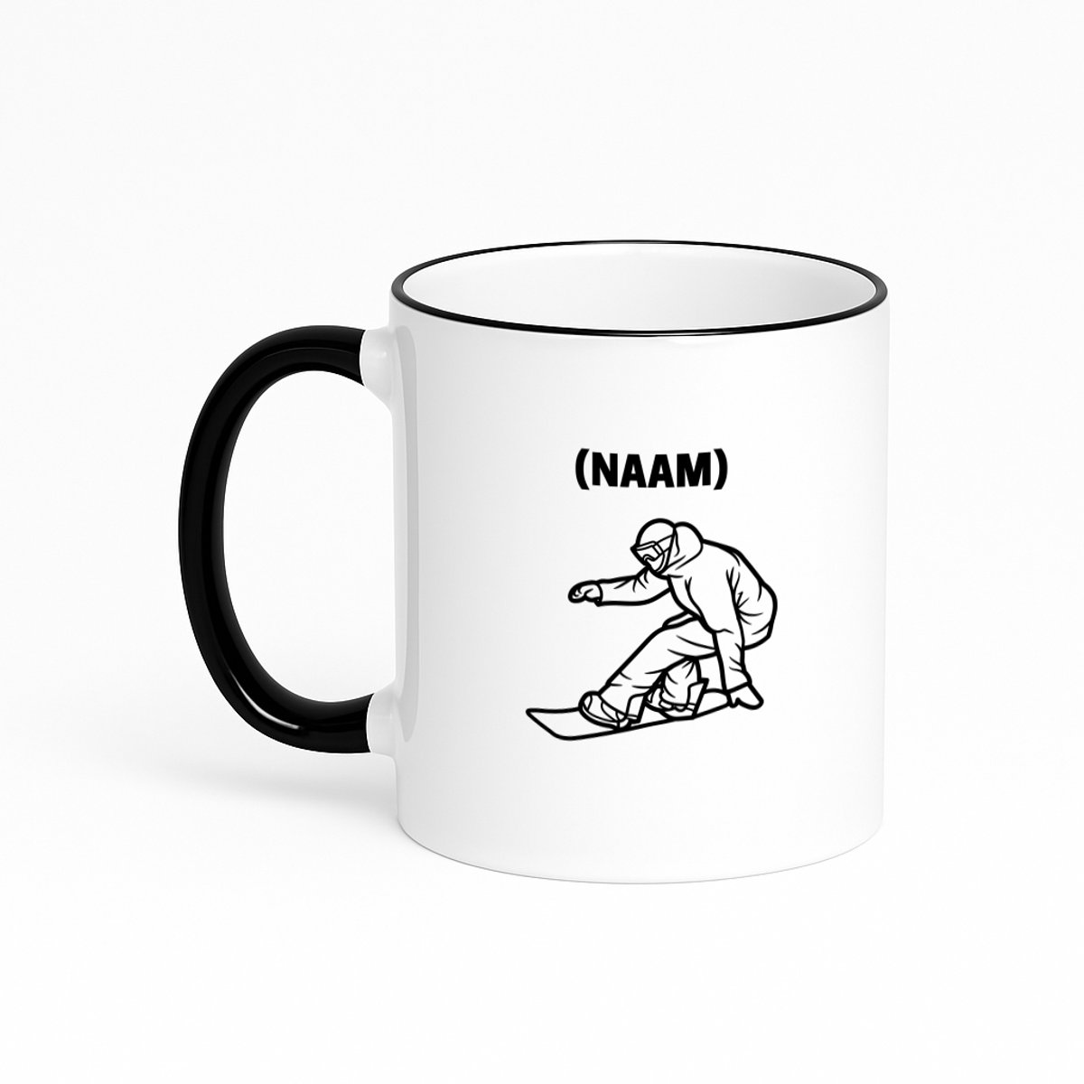 Hacebo® - Snowboard met eigen naam koffiebeker met gekleurde rand zwart - Snowboarden - Snowboarders - thee mok - koffie beker - Wintersport - koffiemok - 330 ML
