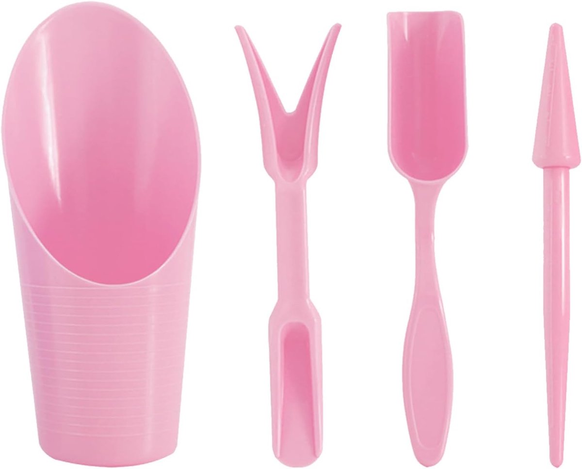 Mini-tuingereedschapset met 4 onderdelen: pot voor kamerplanten, grondschep, tuinspade, lepel voor verplanten en verzorging