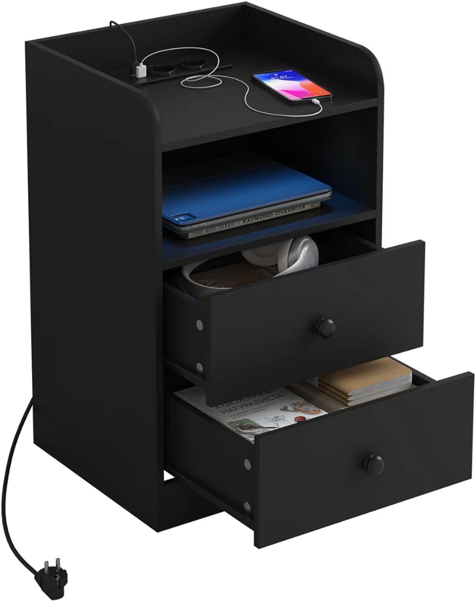 Happiq Nachtkast met RGB lichten - Zwart - Set van 2 - Slaapkamer - Met ingebouwde usb oplaadpoorten Zwart 2