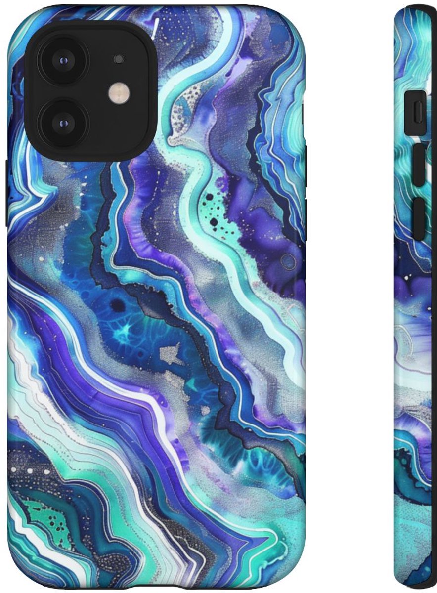 Blauw en Turquoise Geode Wervelpatroon – Telefoonhoesje Geschikt voor iPhone 12