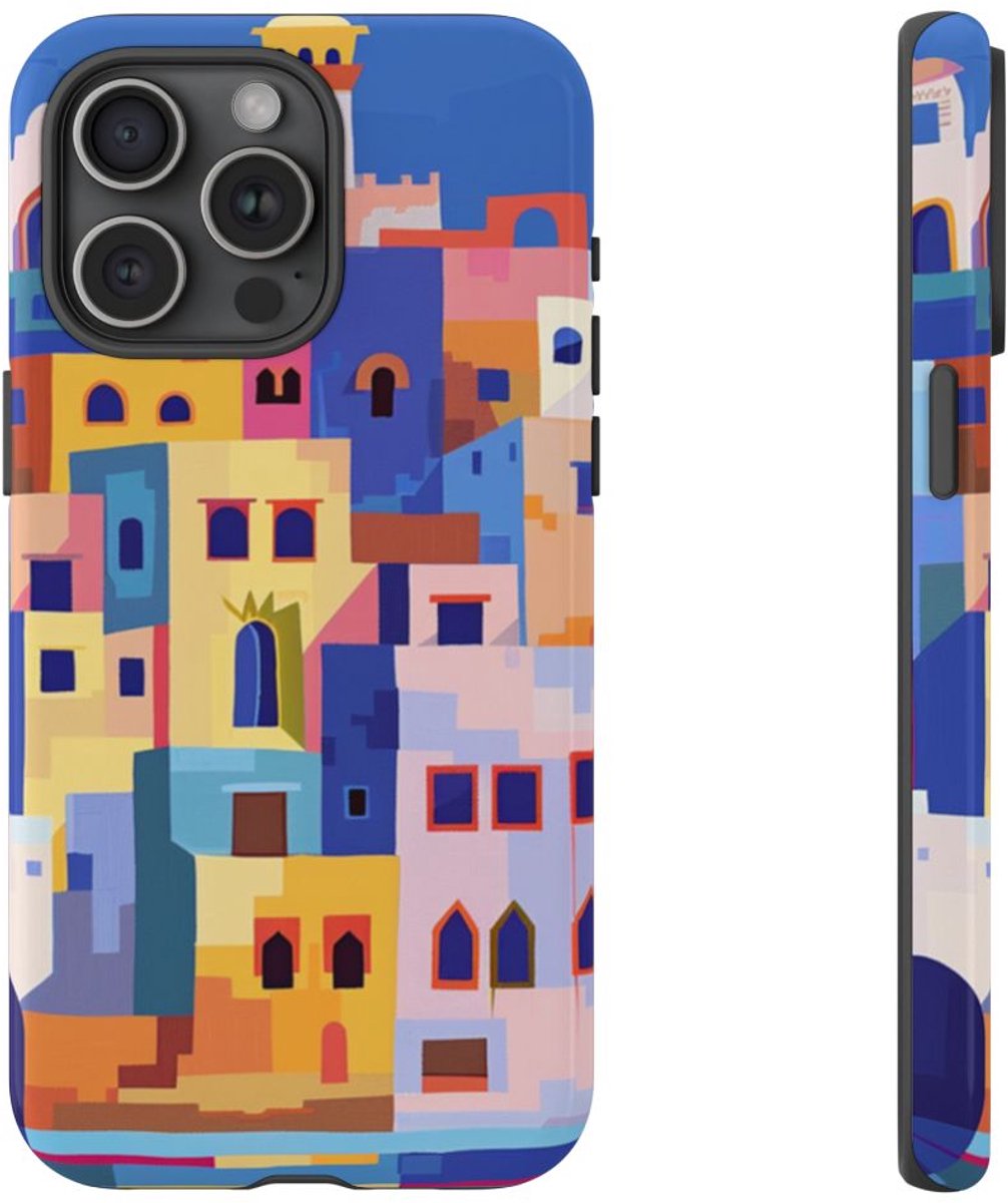 Kleurrijke Illustratie van een Kuststad – Telefoonhoesje Geschikt voor iPhone 15 Pro Max