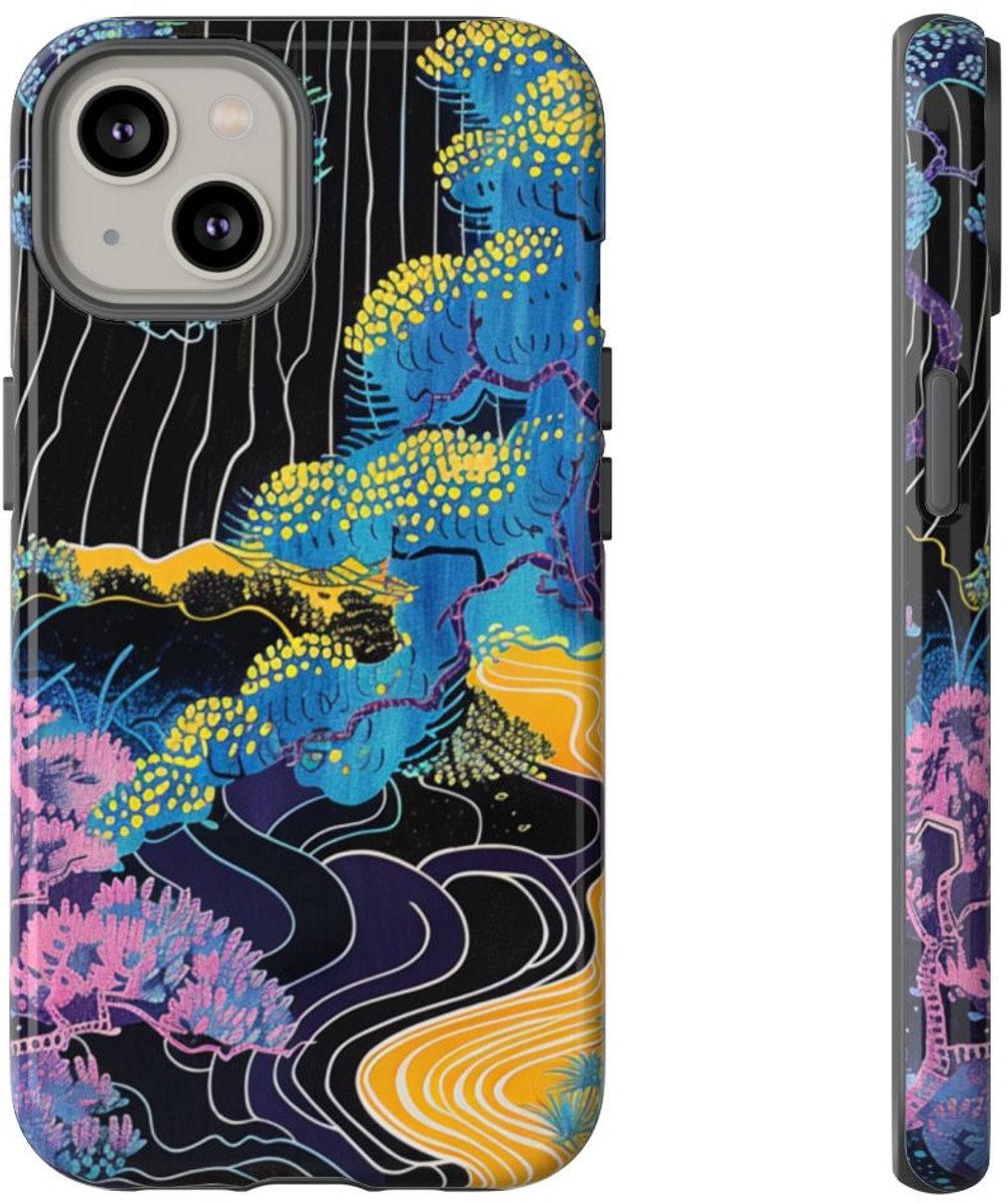 Kleurrijke Abstracte Bomen en Rivier – Telefoonhoesje Geschikt voor iPhone 14