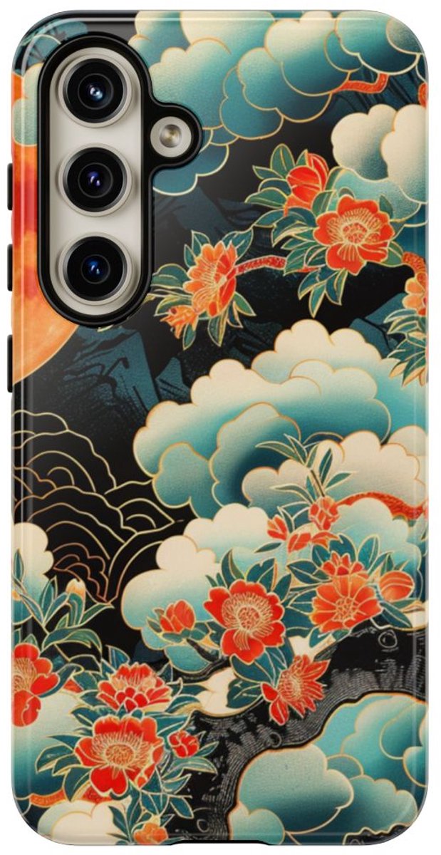 Sfeervolle Bloemrijke Maannacht met Wolken – Telefoonhoesje Geschikt voor Samsung Galaxy S24