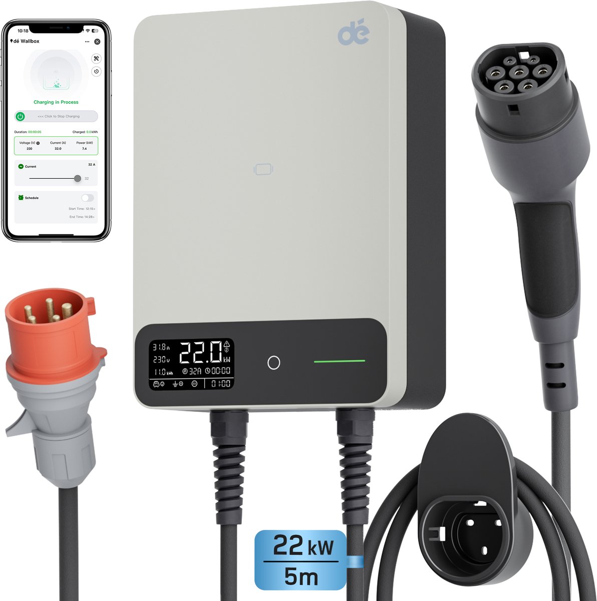 Slimme 22kW EV-laadpaal met APP en 5m kabel - Wit