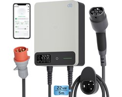 dé Laadpaal 22kW 32A 3 fase - Wallbox met APP - 5 meter Type 2 vaste kabel - EV-laadstation met Aardlekschakelaar Type B en IP54 Bescherming - voor BEV/PHEV - Wit