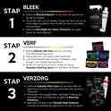 Stappenplan voor het gebruik van Attitude Hair Dye: bleken, verven en verzorgen, met afbeeldingen van de producten.