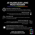 Tips om je haarkleur langer mooi te houden met ATTITUDE HAIR DYE: wachten met wassen, koud water, minder vaak wassen, Holyplex producten en hittebescherming.