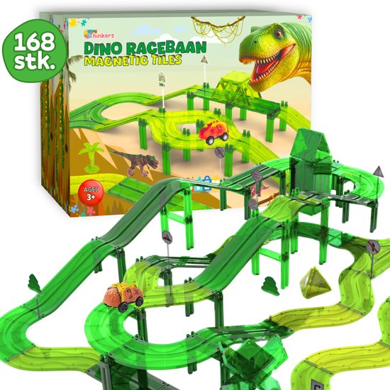 Dino Magnetic Tiles Racebaan met 168 stuks - Dinosaurus Speelgoed - Dino Speelgoed - Magnetische Tegels - Dinosaurus Racebaan - Montessori Bouwspeelgoed - Constructiespeelgoed