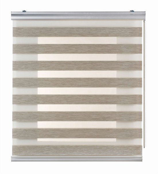 Beige rolgordijn met horizontale strepen in beige, bruin en wit. Metalen frame en kettingbediening.