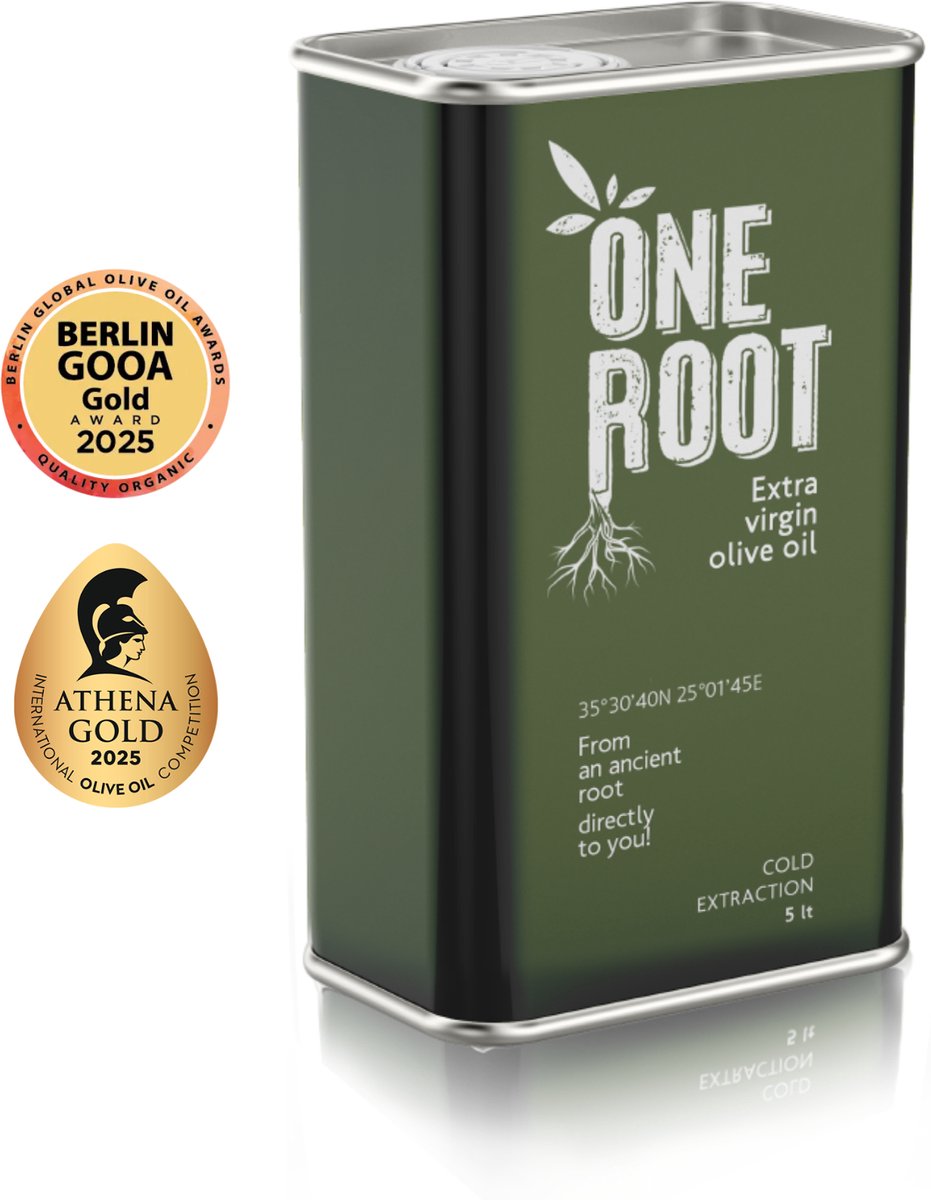 Cretan Heritage - One Root - Griekse Premium Olijfolie – Extra Vierge – 5 Liter – Koroneiki – Goud Bekroond – Koudgeperst