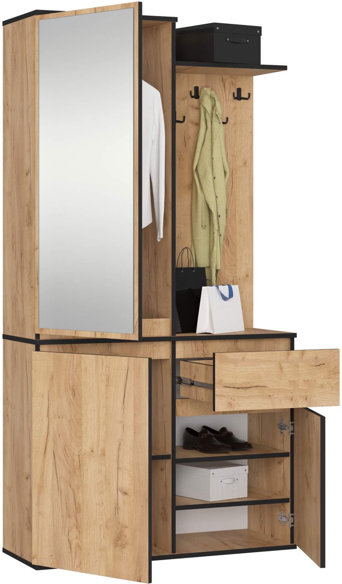 Hal set met spiegel ENTRO / Halmeubel met 3 Deuren en 1 Lade / Hal Kast / Kapstok en Schoenenkast / Craft Eik / 95 x 183 x 35 cm