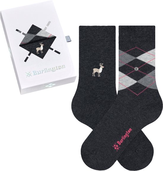Donkergrijze Burlington sokken met ruitpatroon in roze, grijs en wit, met een hertje en Burlington-logo.