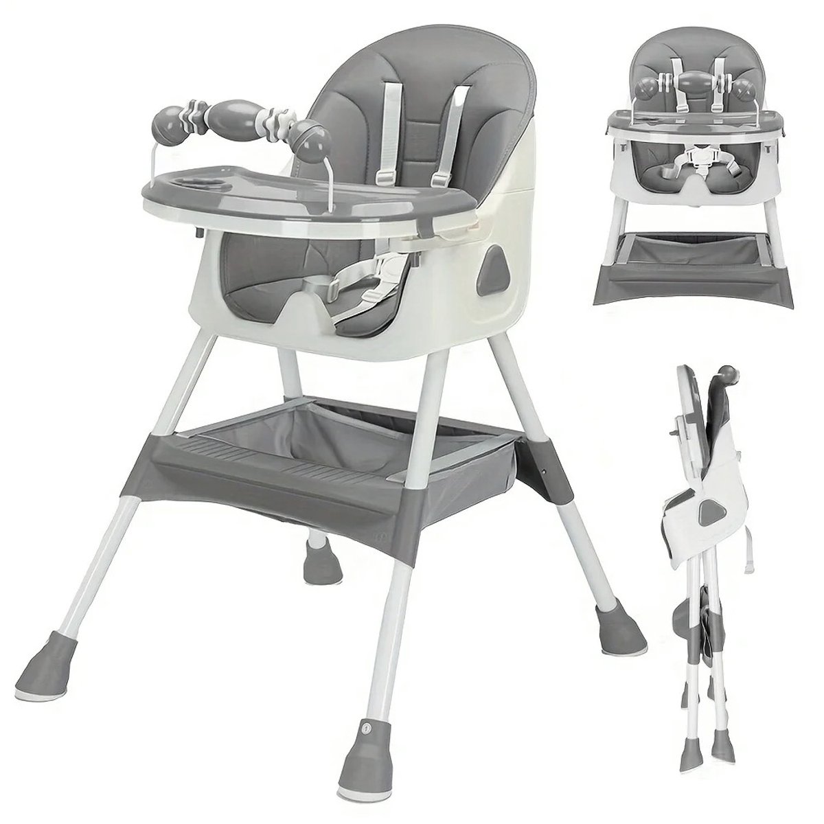 Kinderstoel - Opvouwbare Kinderstoel - Baby Eetstoel - Peuterstoel - Antislip Stoel - Verstelbare Baby Stoel - Inclusief Speelgoedrek - Makkelijk Schoon te Maken - Compact Opbergen - Geschikt Vanaf 6 Maanden - Max 15 kg - Binnengebruik - Grijs