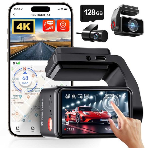 Redtiger F4 Pro 4K Touch Wifi Gps 2CH 128gb dashcam - Sony Starvis 2 sensor - 2,2 inch touchscreen Lcd - Wifi - Gps - Parkeermodus - 4K + Full HD resolutie - 128gb Micro SD kaart - dashcam voor auto