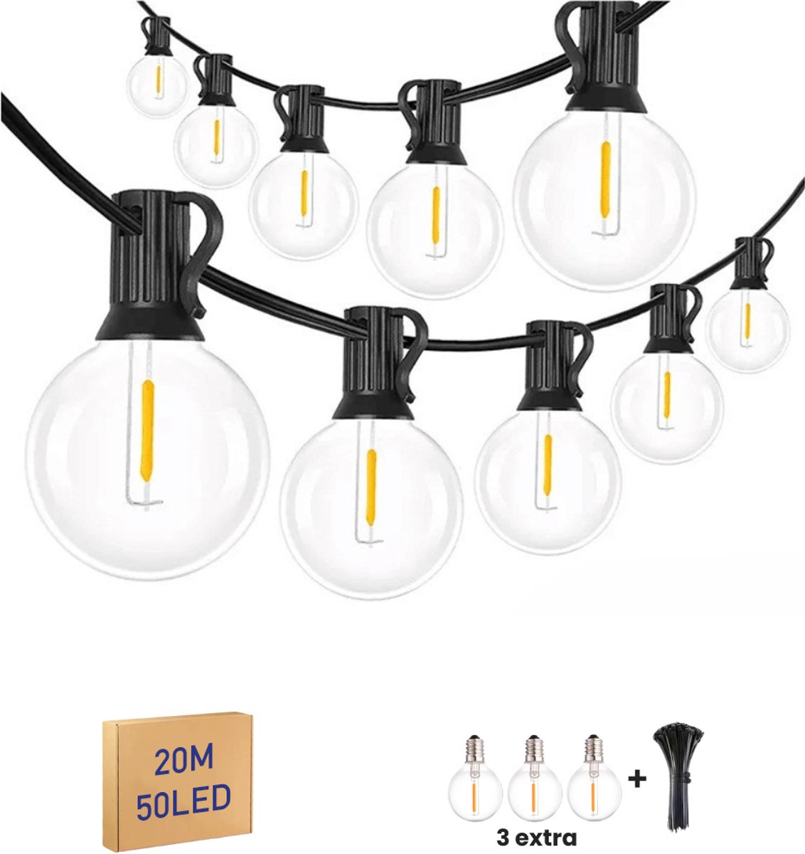 Kaëru® Buiten Sfeerverlichting – LED waterdicht lichtslinger – 20 meter – 50 warmwitte lampen + 3 reserve – IP44 waterdicht – Tuinverlichting buiten lichtsnoeren – Feestverlichting