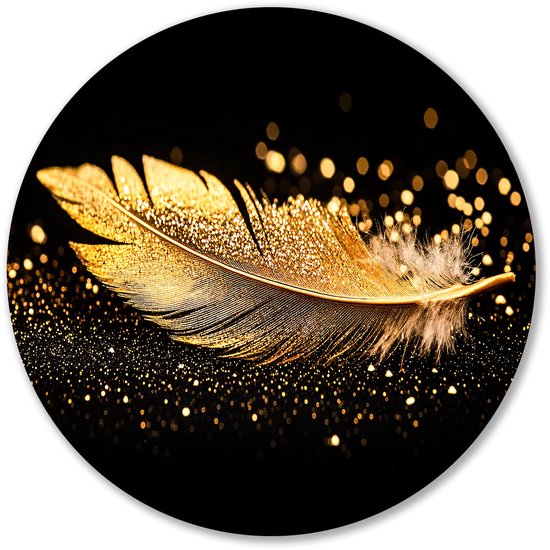 Gouden veer met sprankels - Veren wanddecoratie rond - Rond kunstwerk veer - Art Deco - Schilderij forex - Woonkamer wandkunst - Muurcirkel forex 60x60 cm
