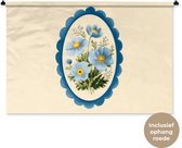 Wandkleed 150x100 cm - Wanddoek Lijst - Bloemen - Lichtblauw - Illustratie - Wandtapijt - Wandkleden