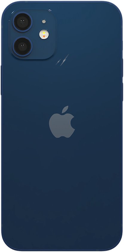 Donkerblauwe iPhone 12 achterkant met dubbele camera en Apple logo.