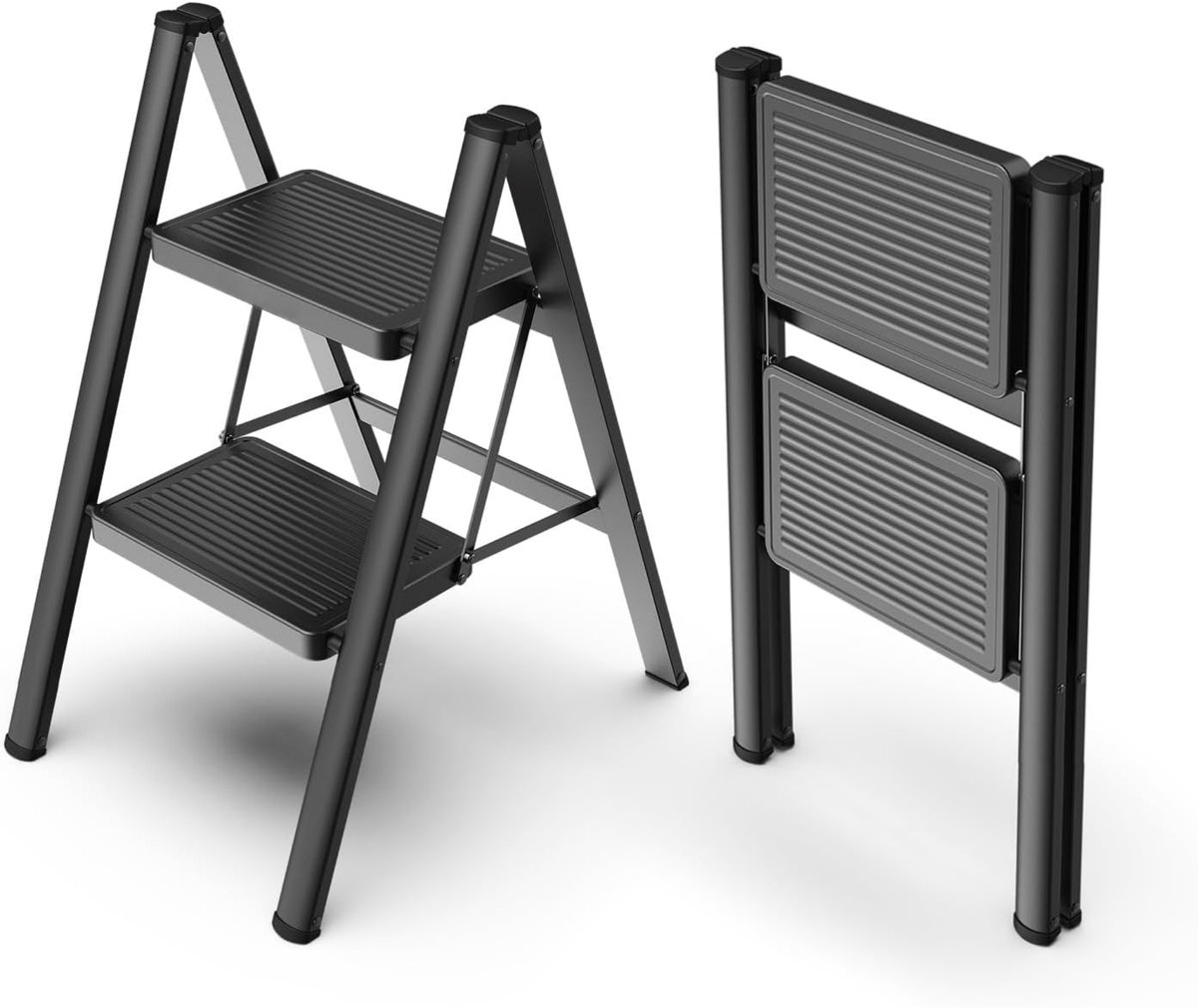Moeve Keukentrap - Stevig en lichtgewicht, makkelijk op te bergen - Huishoudtrap inklapbaar - Opstapje - Trap ladder - Opstap krukje - 150 kg draagvermogen - Anti-slip - 2 treden - max. Hoogte 60cm - Zwart
