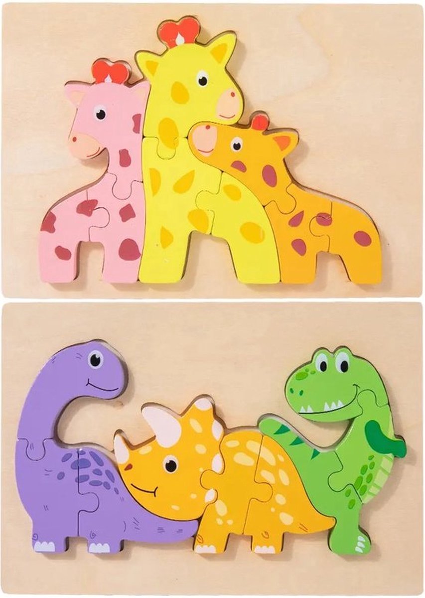 Houten dieren puzzels - Dino's en Giraffen - 8 en 9 stukjes - Vanaf 2 jaar - Kinderpuzzel - Educatief montessori speelgoed - Grapat en Grimms style