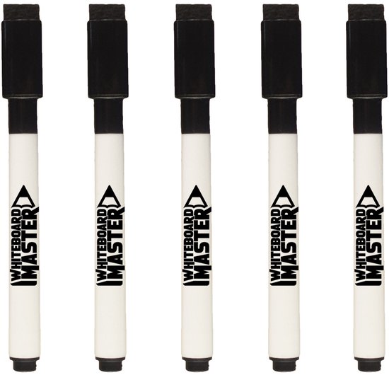 Cinq marqueurs magnétiques pour tableau blanc noirs (avec aimant / gomme dans le capuchon)
