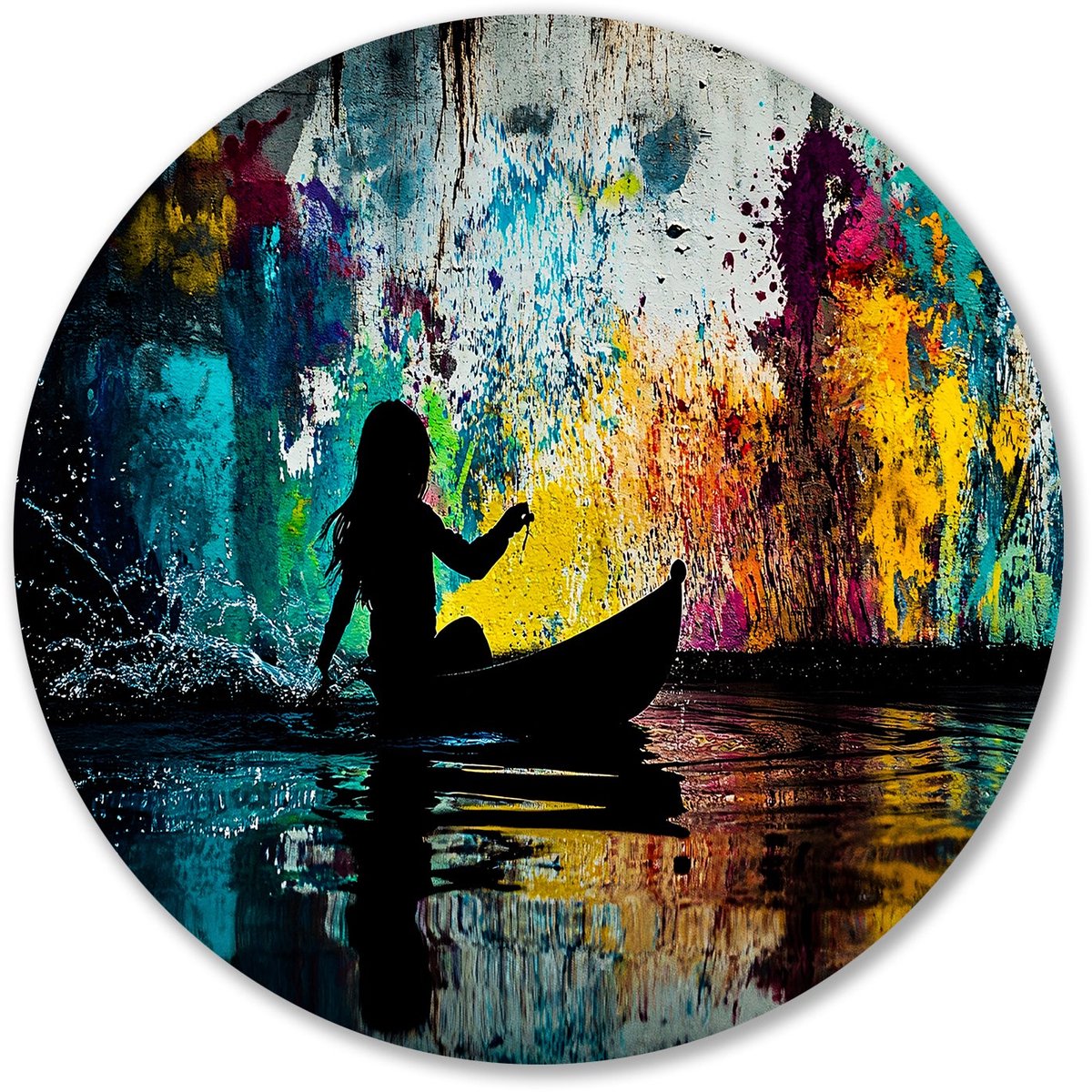 Silhouet met kleurrijke achtergrond - Silhouet muurdecoratie rond - Rond wandpaneel boot -
