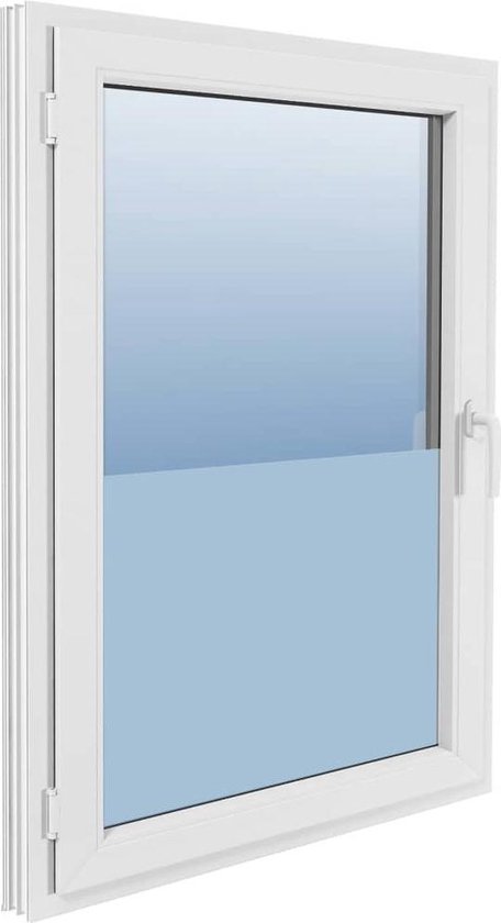 Wit PVC-raam met een matblauw deel, op een witte achtergrond.