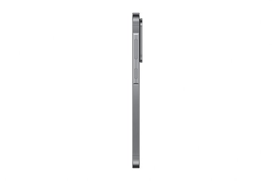 Vue de côté d'un smartphone Samsung gris, montrant le côté avec les boutons.