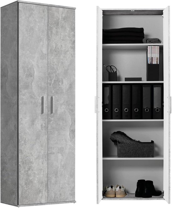 Grijze kast met betonlook, twee deuren en open interieur met planken, mappen, boeken en schoenen.