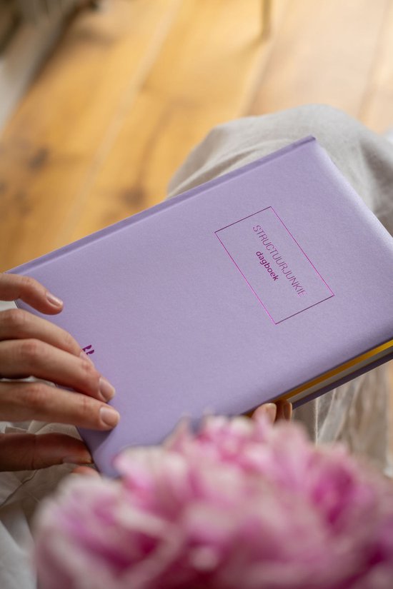 Lila dagboek met roze tekst "structuurjunkie dagboek".