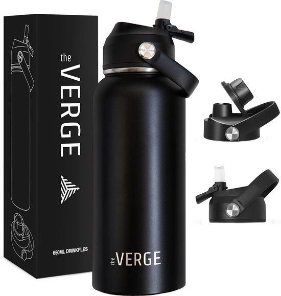 The Verge® - Luxe RVS Thermosfles / Drinkfles – BPA en Lekvrij – 1 Liter - Waterfles met Rietje – Dubbelwandige isolatie - Thermosbeker - Met 2 Doppen - Volwassenen en Kinderen - Zwart